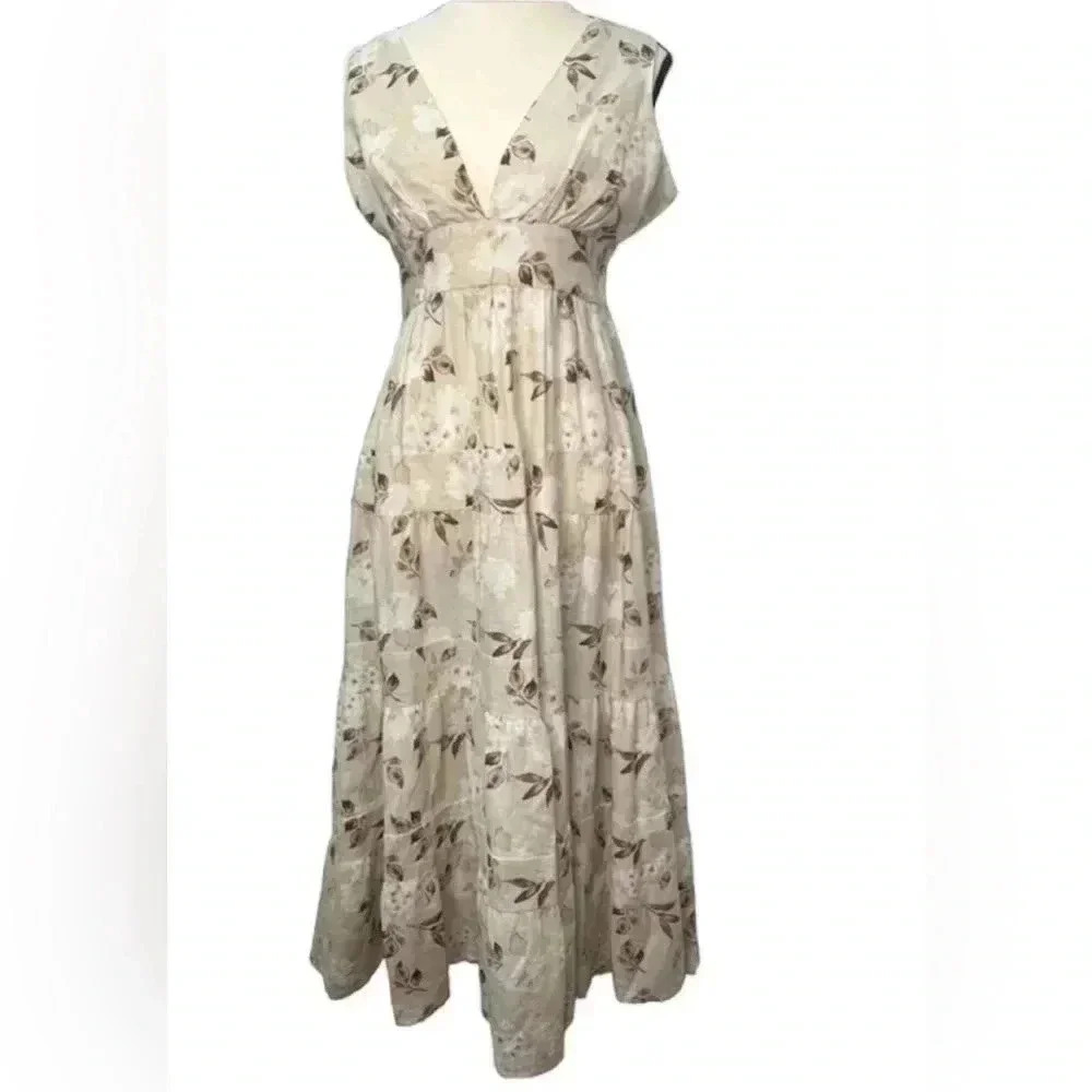 House of Harlow 1960 linen blend  floral deep V- Neck‎ Tiered Dress Sz XS